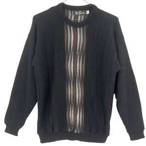 Alan Stuart Mens Sweater Black Brown Abstract Stripe Textured Knit Vintage L